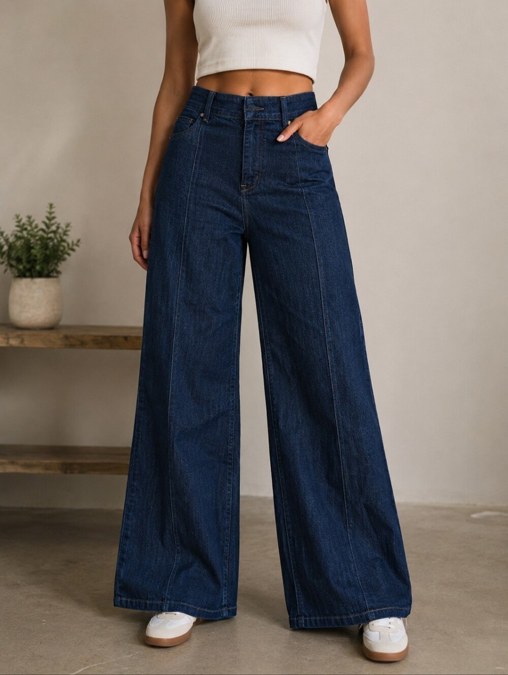 High-Waist Wide Leg Women’s Jeans - Dark Blue